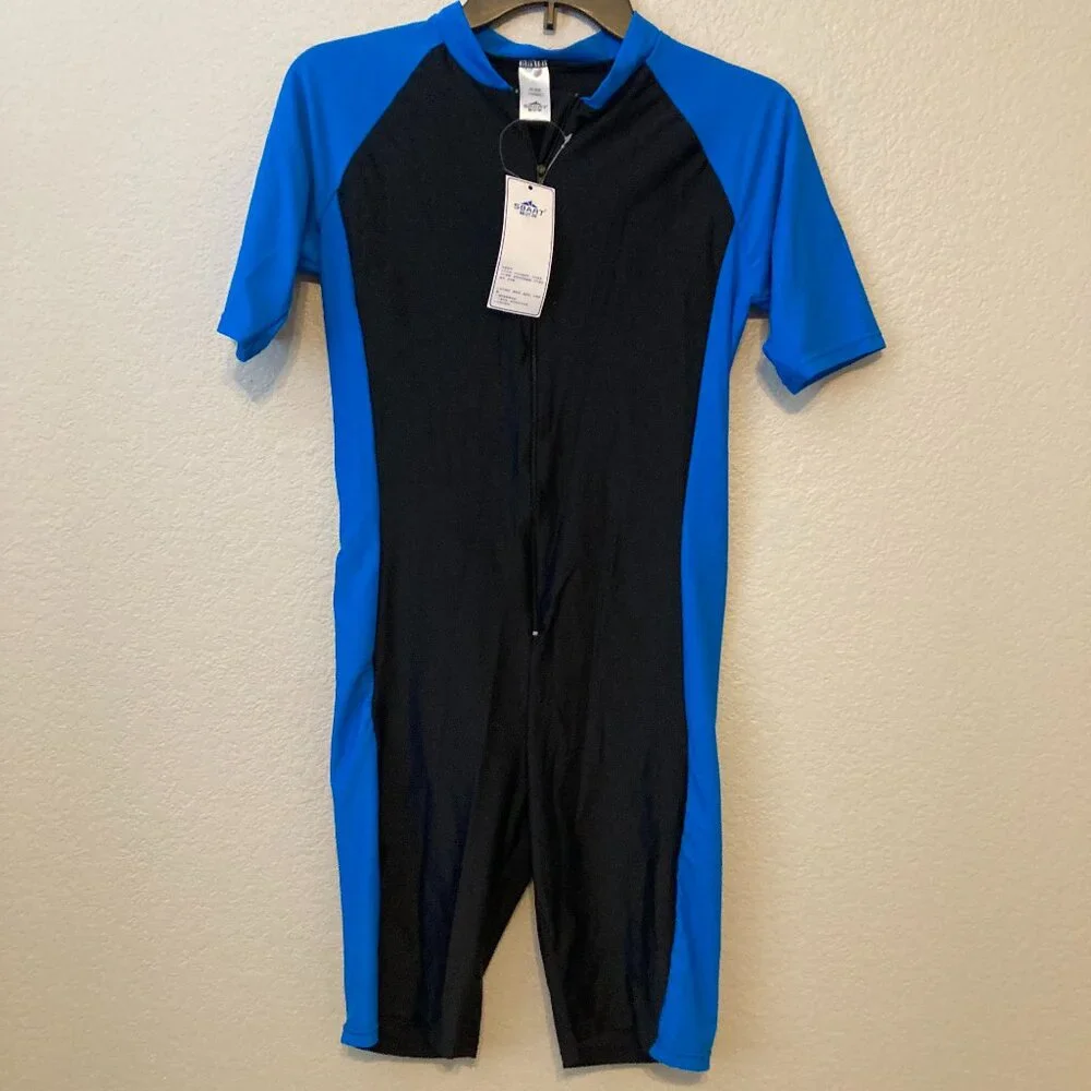 SBART Short Sleeve One Piece Swimwear Swimsuit Blue and black L - Picture 1 of 3